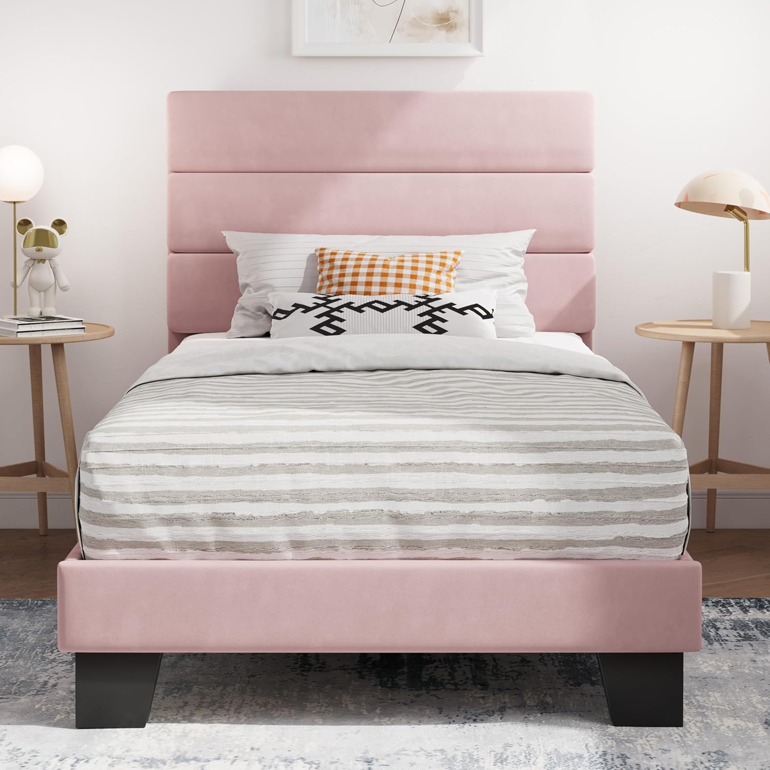 SHA CERLIN Twin Platform Bed Frame with Velvet Headboard