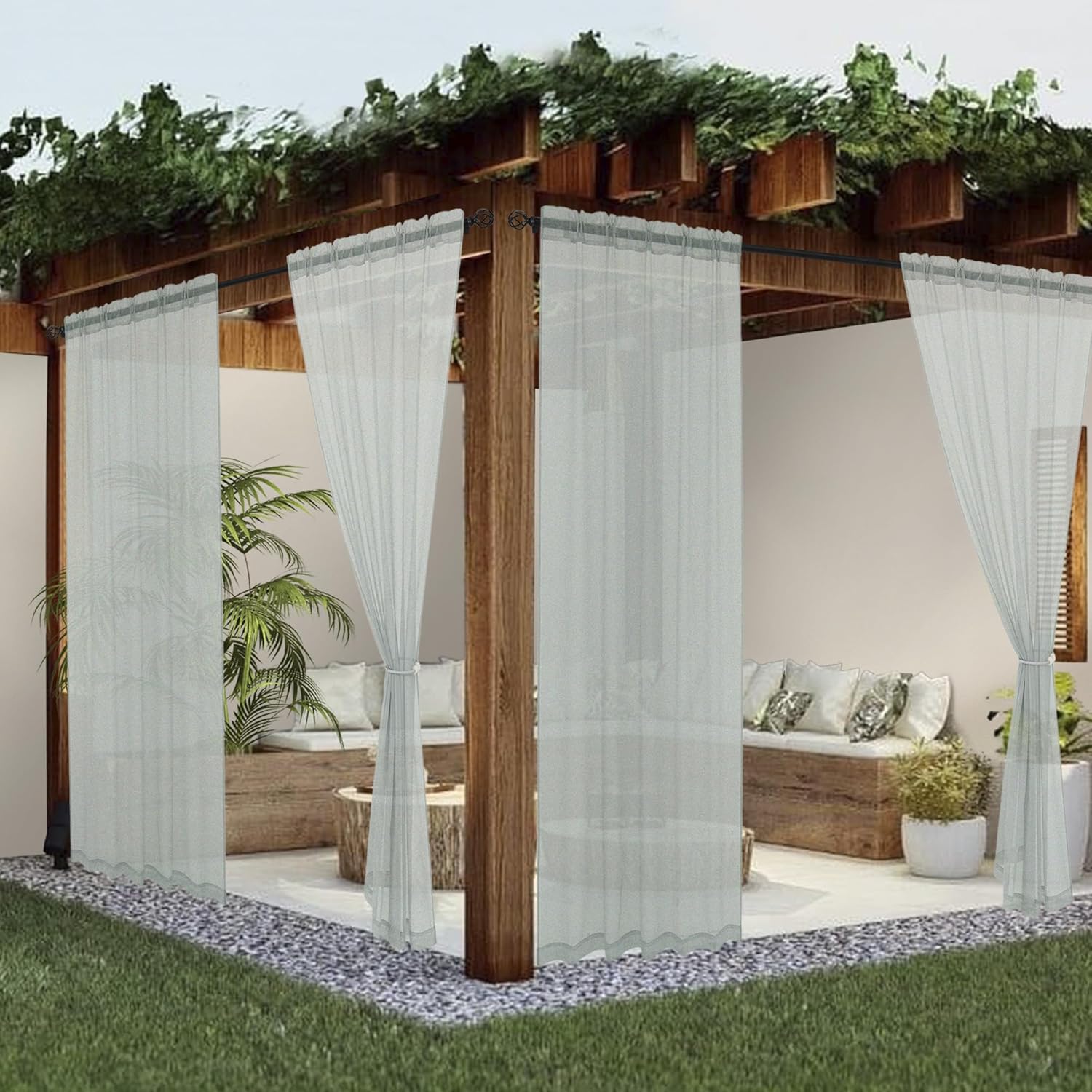 Sheer Outdoor Curtains for Patio Waterproof 4 Panels Linen Look