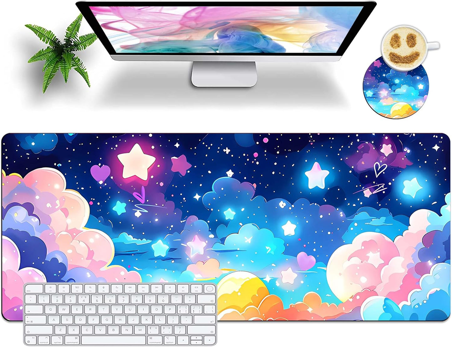 Rainbow Star Gaming Desk Pad Set 31.5 x 11.8 - XL Size & Coaster