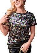 Anna-Kaci Women's Sparkly Sequin Top Short Sleeve - Glitter Tunic