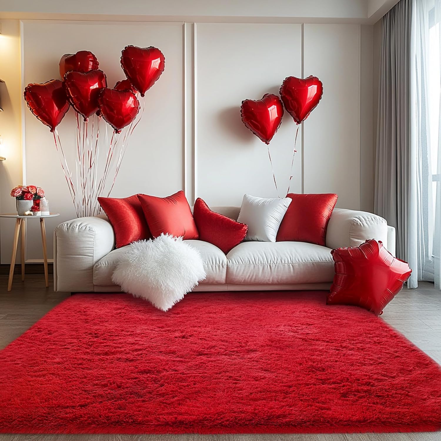 Red Fluffy Rug for Living Room: Soft Plush Shaggy Carpet