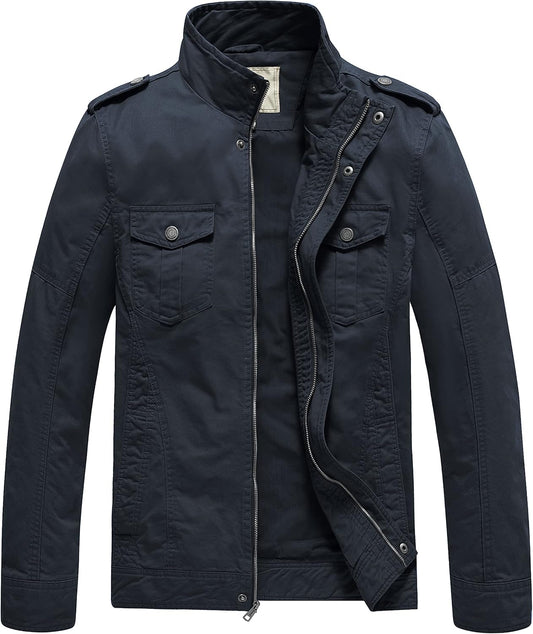 WenVen Men's Casual Washed Cotton Military Jacket for Comfort