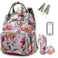 Floral Diaper Bag Backpack for Women - Grey Pink Flower Pattern