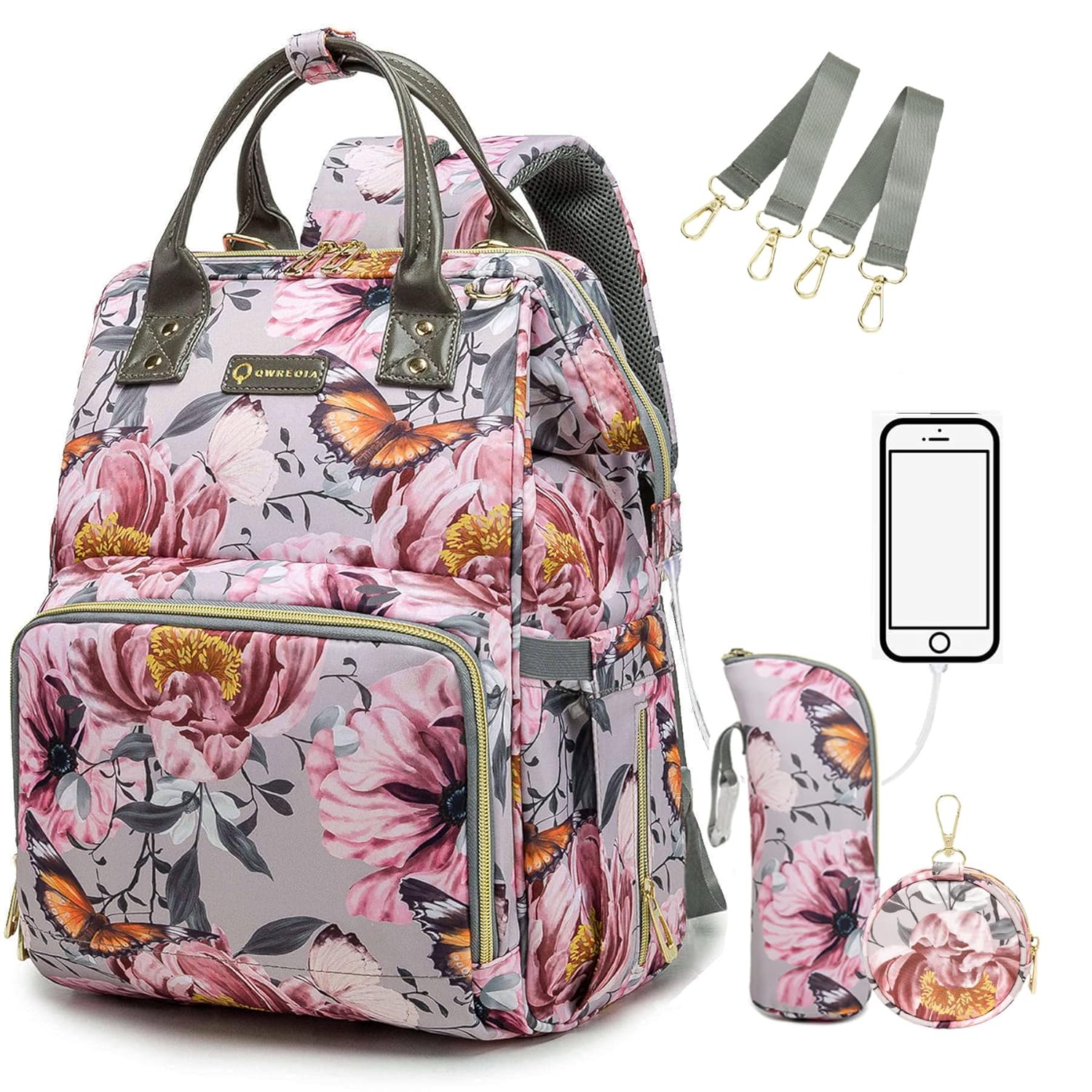Floral Diaper Bag Backpack with USB Charging Port and Straps