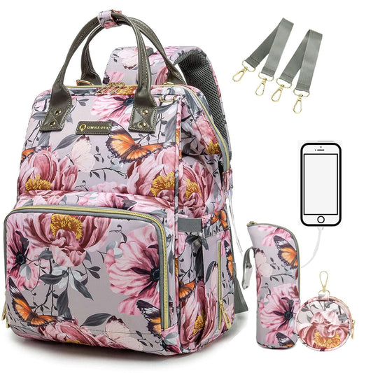 Floral Diaper Bag Backpack with USB Charging Port and Straps