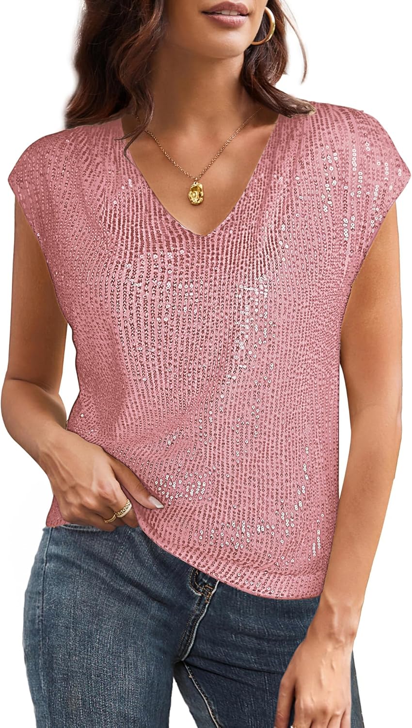 Dazzling V Neck Sequin Short Sleeve Tops for Women Parties