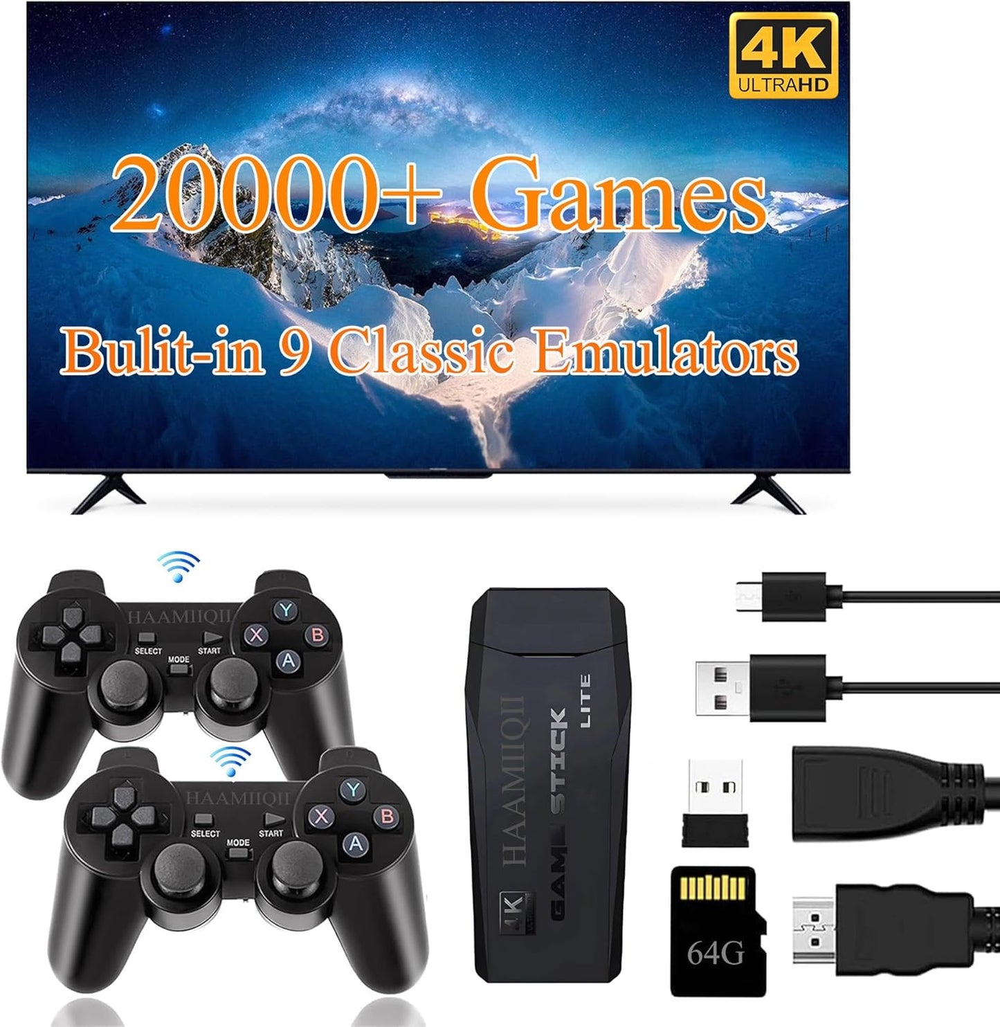 Retro Wireless Game Stick with 20,000+ Games and 4K Output