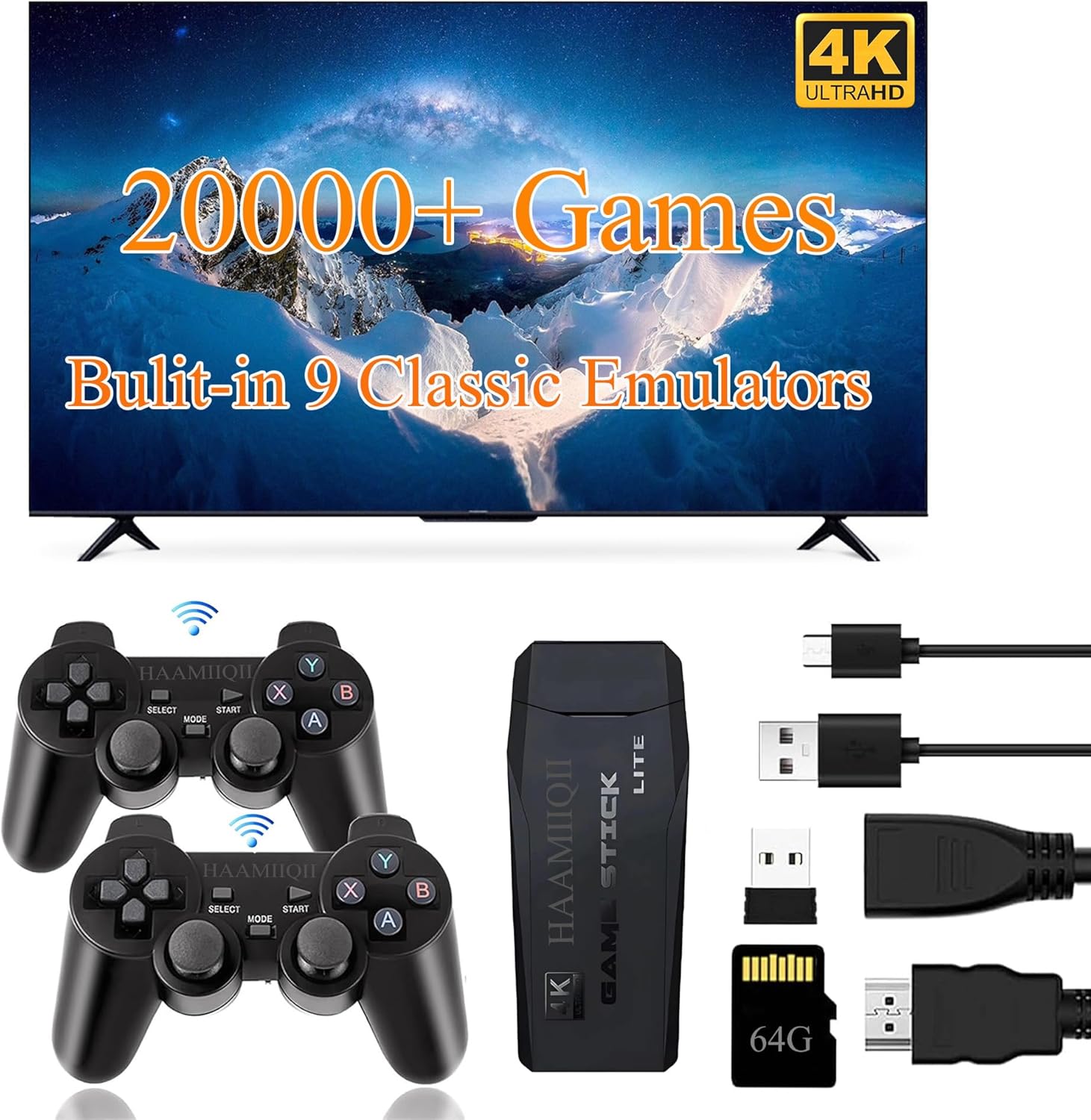 Retro Wireless Game Stick with 20,000+ Games and 4K Output