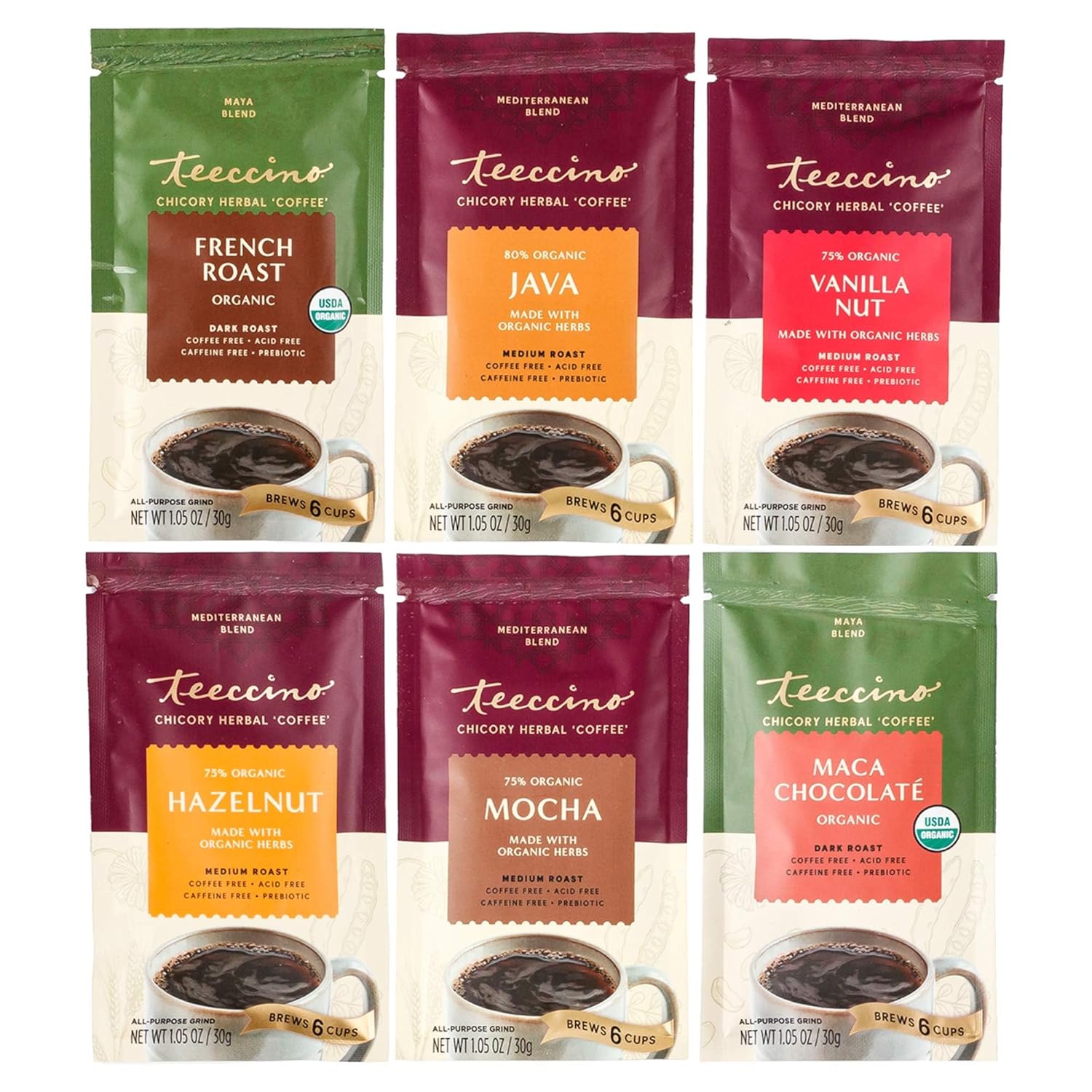 Teeccino Herbal Coffee Sampler - 6 Flavors, Caffeine & Acid Free