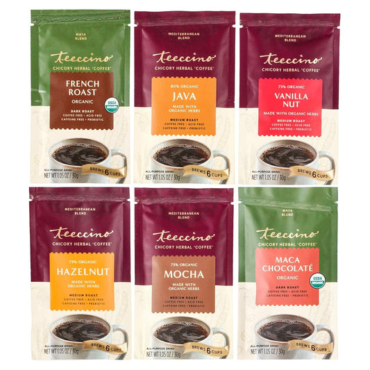 Teeccino Herbal Coffee Sampler - 6 Flavors, Caffeine & Acid Free