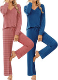 2 Pack Womens Pajama Sets Long Sleeve V Neck - Soft Stretchy PJs