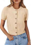 Womens Short Sleeve Cropped Cardigan Knit Top - Casual Crew Neck