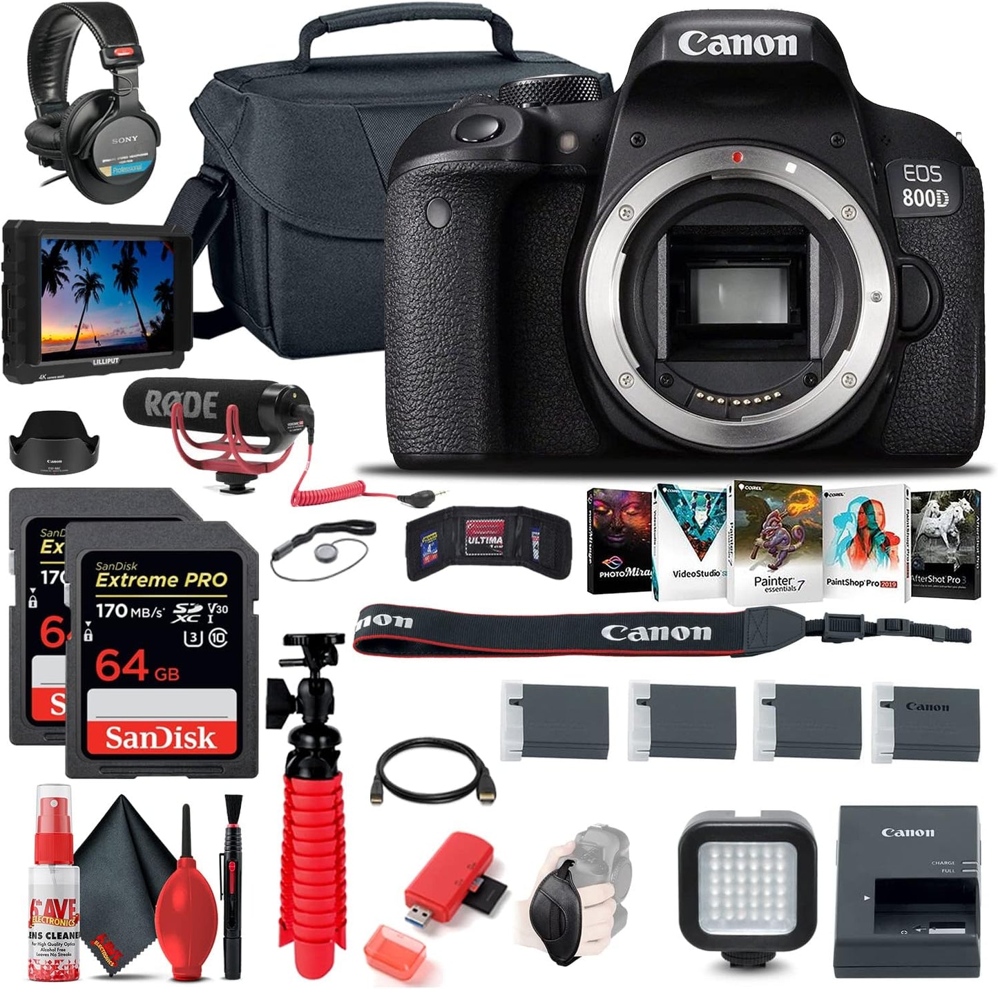 Canon EOS Rebel 800D DSLR Bundle: 4K Monitor, Pro Mic, Headphones + More!