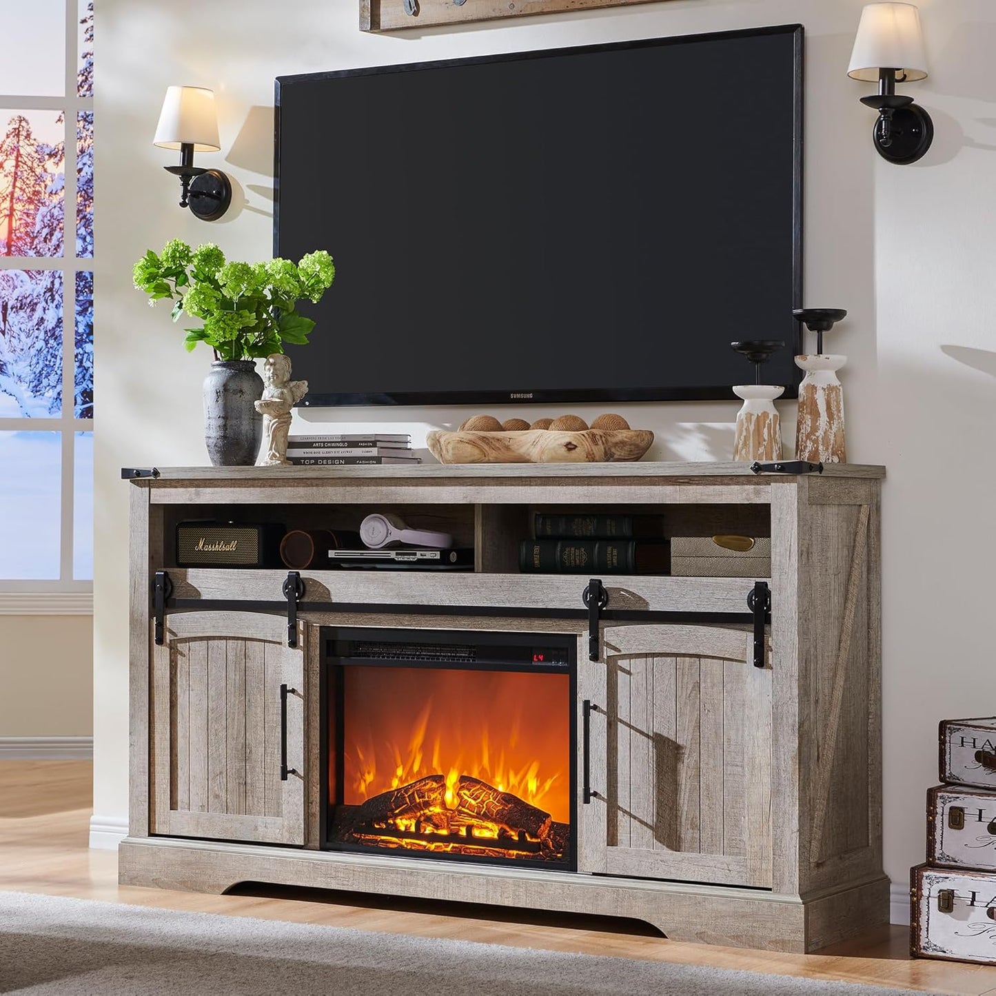 Rustic Highboy TV Stand with Electric Fireplace