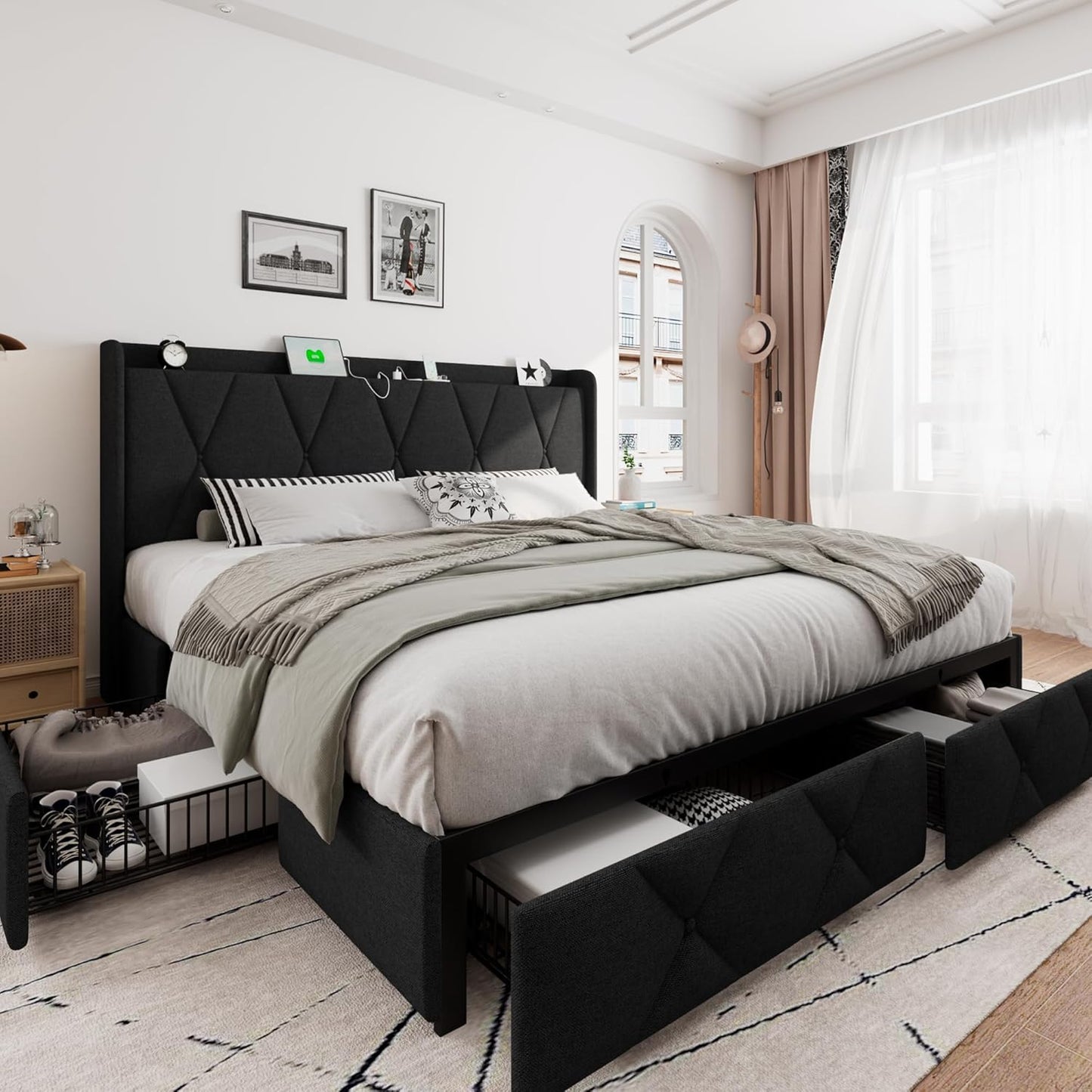 iPormis King Size Bed Frame with Storage Drawers and Charging