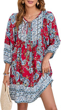 Qearal Womens Rayon V Neck 3/4 Sleeve Boho Mini Dress - Flowy Summer