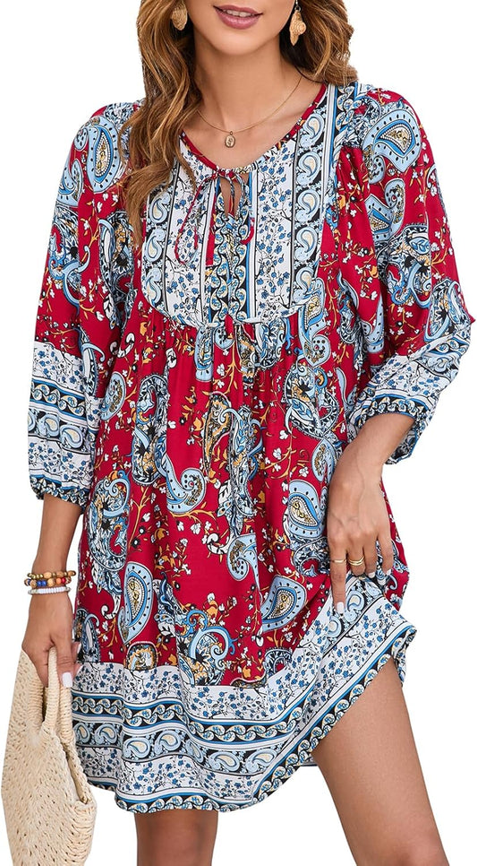 Qearal Womens Casual V Neck Boho Floral Mini Summer Dress