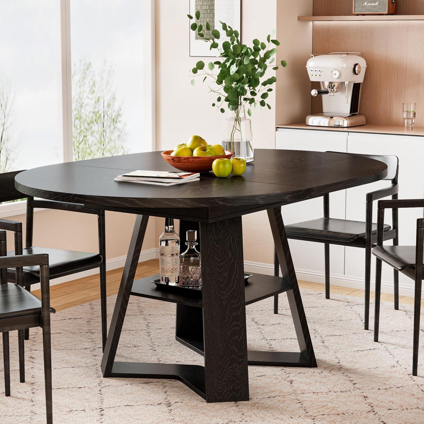 Extendable Round Dining Table for 2-8 with Storage Shelf