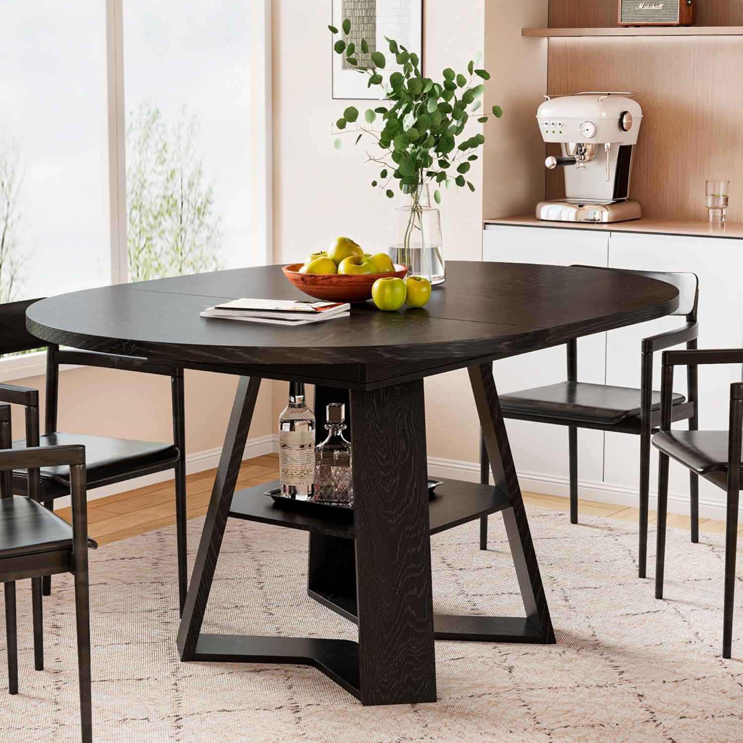 Extendable Round Dining Table for 2-8 with Storage Shelf