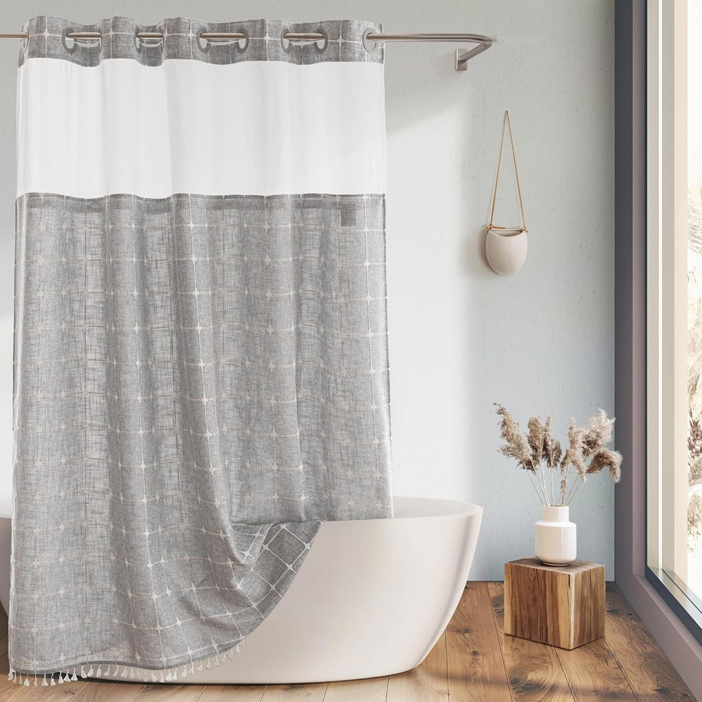 Farmhouse Shower Curtain with Snap-in Liner for Rustic Decor