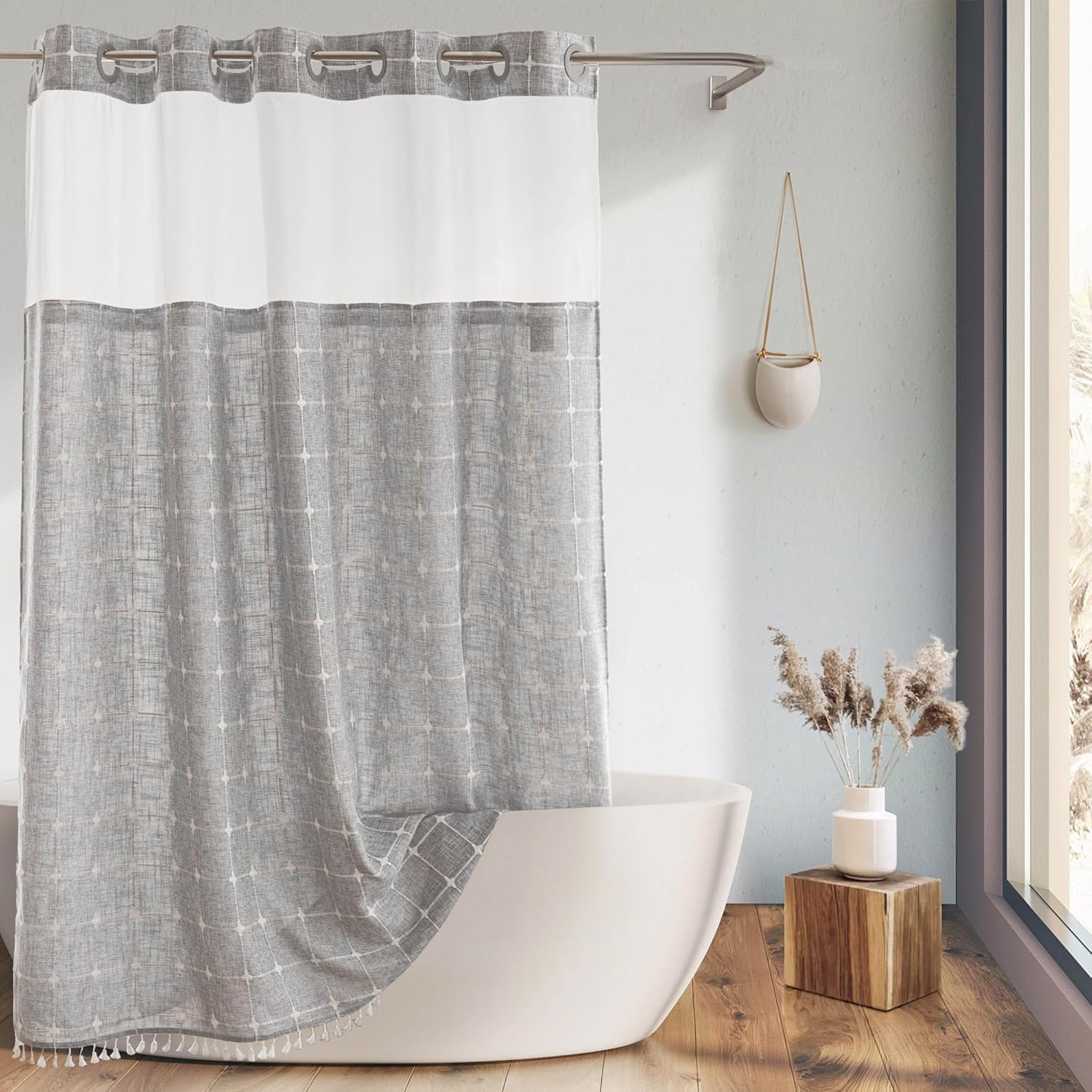 Farmhouse Shower Curtain with Snap-in Liner for Rustic Decor