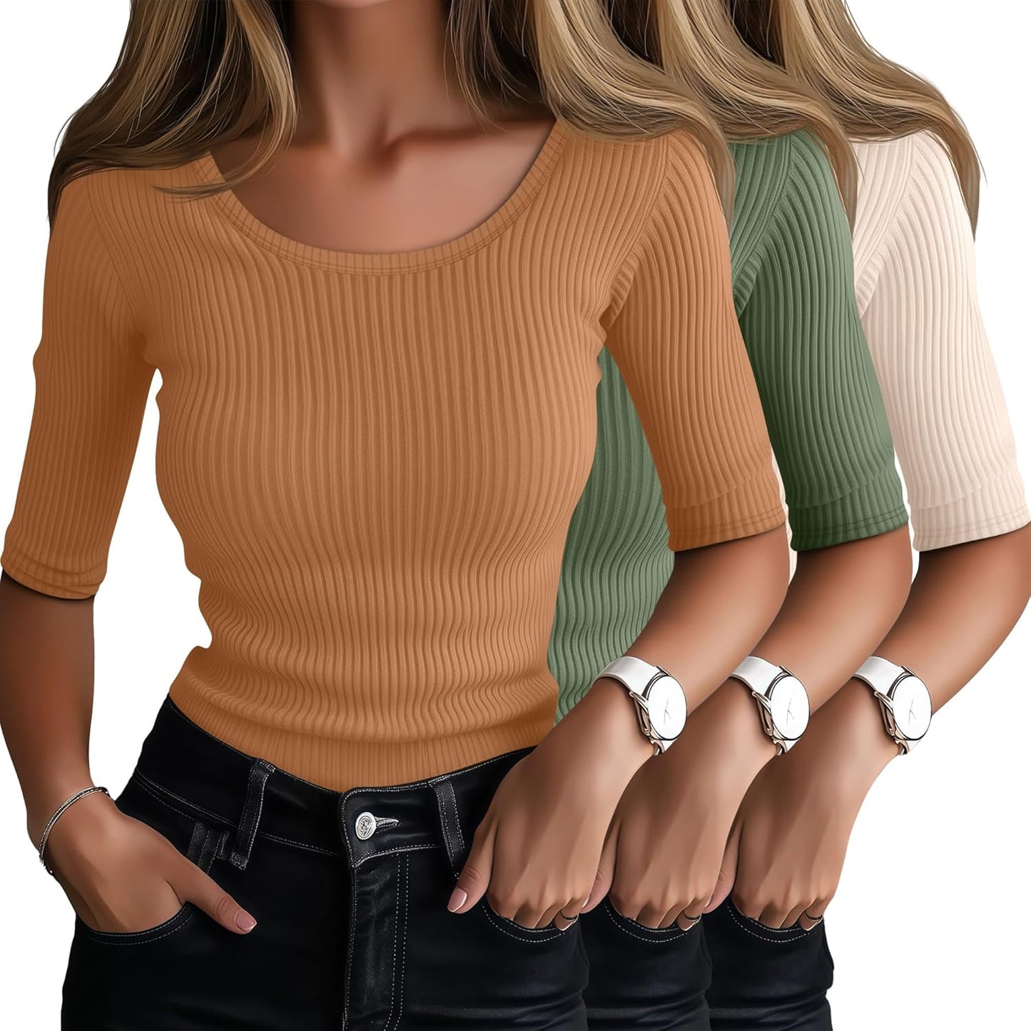 Ficerd 3 Pack Elbow Length Shirts for Women - Trendy Summer Tops