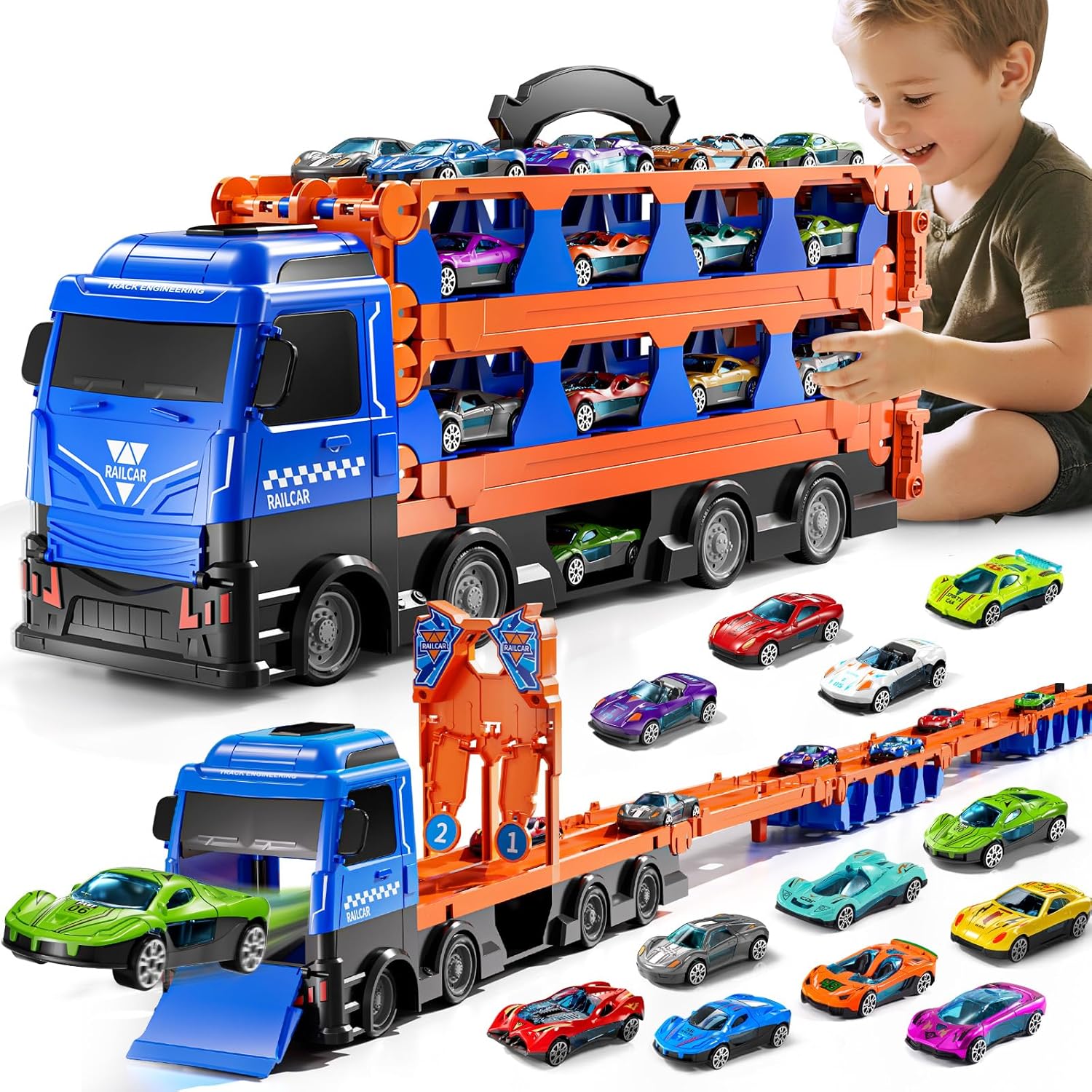 Exciting Cars Truck Set Transport Toy for Kids with Launching Track