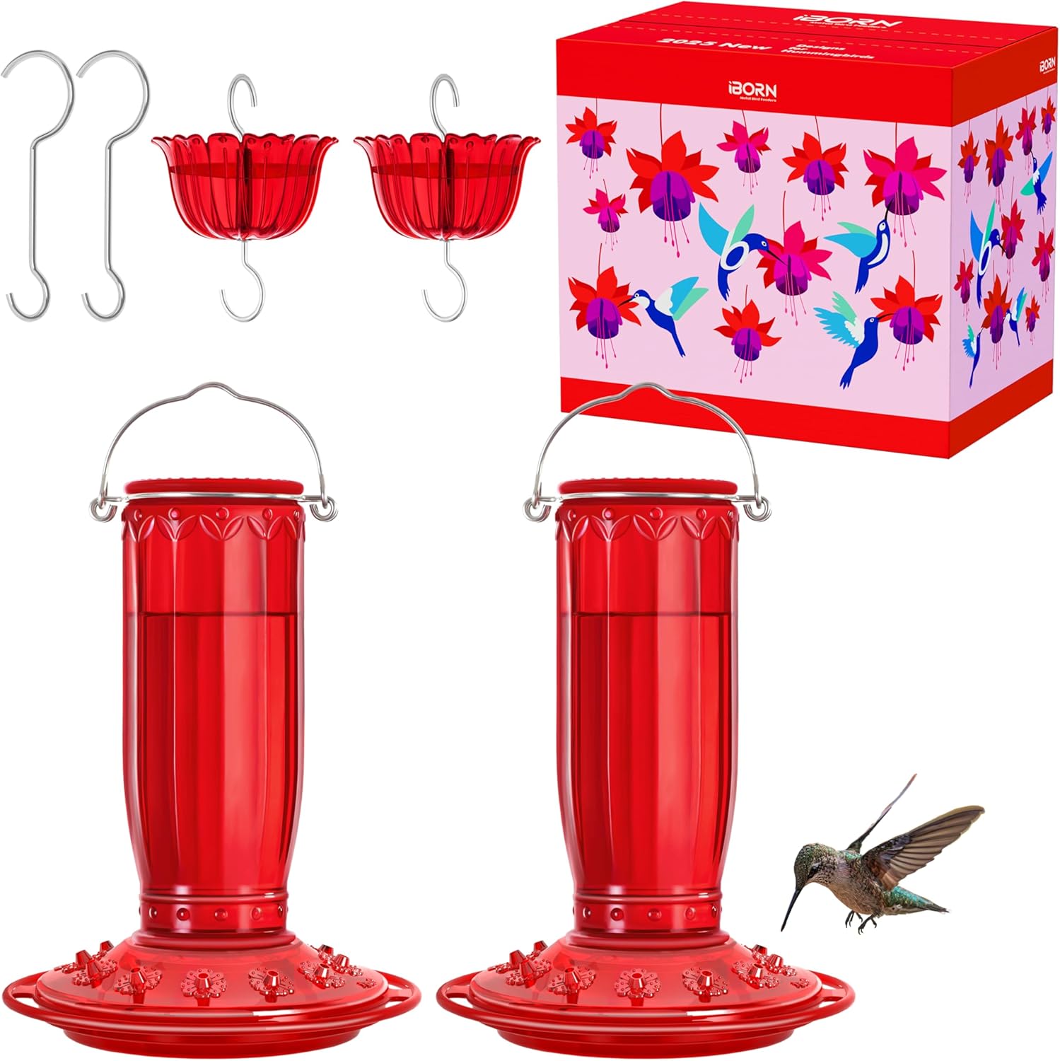 iBorn Hummingbird Feeders with Ant Moat - 12 Ports, 16oz Glass