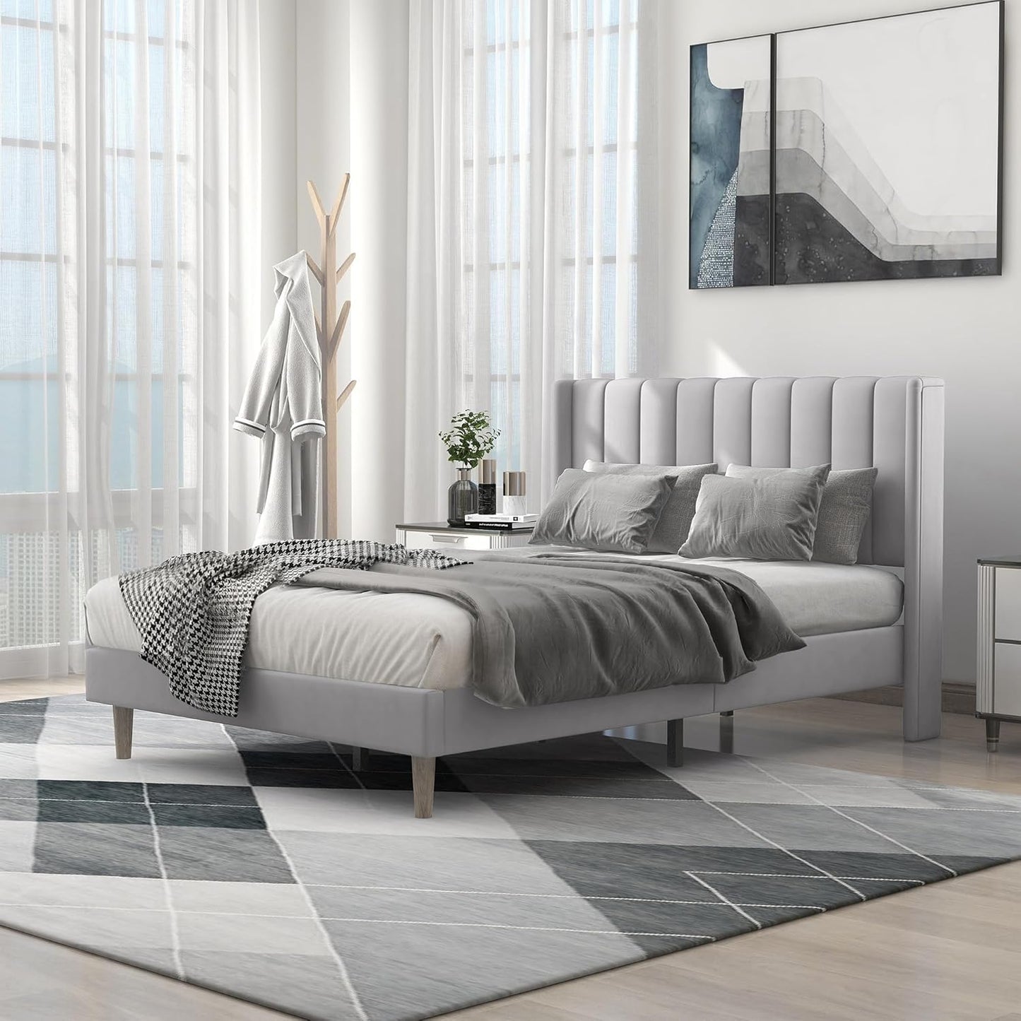 Upholstered Platform Full Size Bed Frame with Headboard