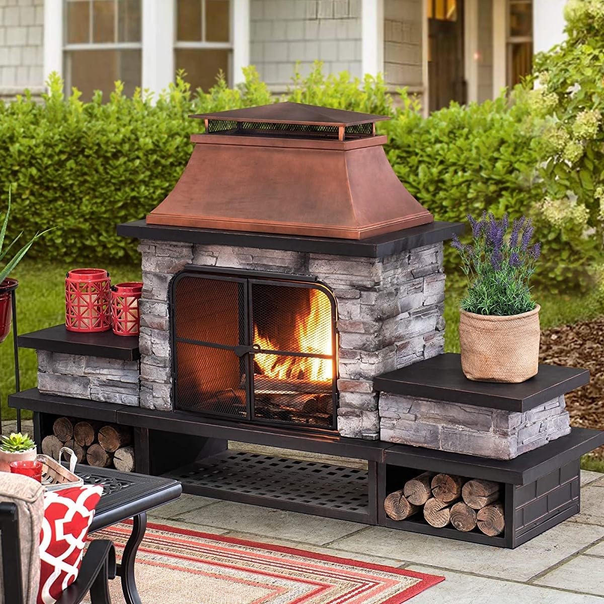 Outdoor Fireplace with Wood Storage and Chimney for Patios