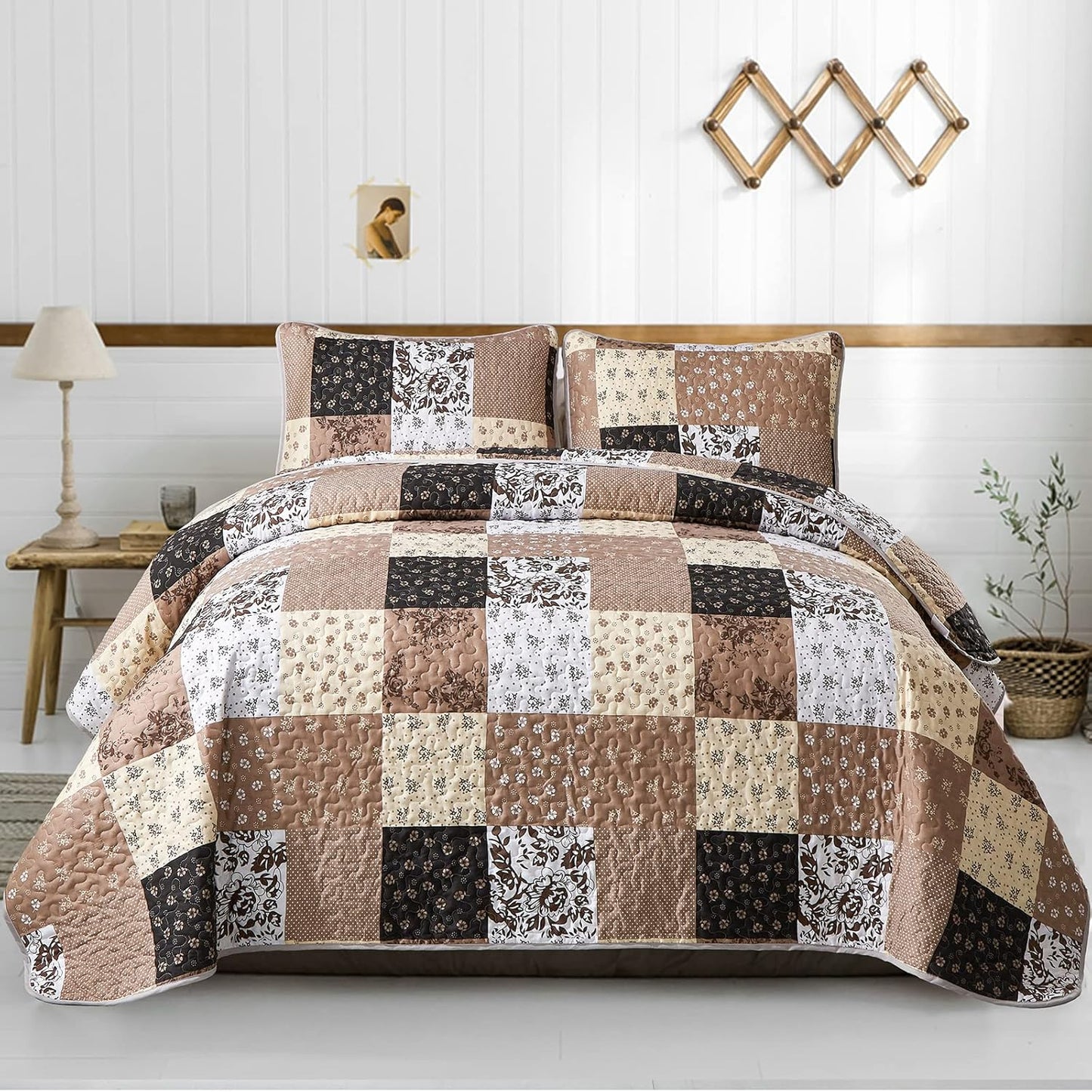 Brown Patchwork Quilt Set California King Size for All Seasons