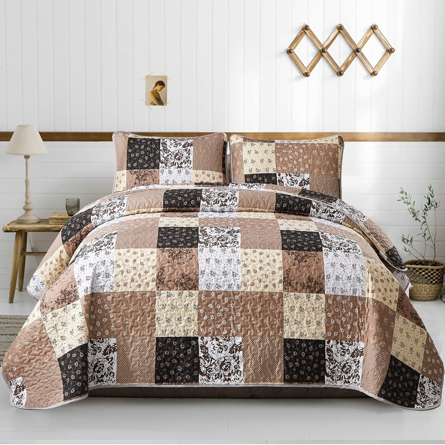 Brown Patchwork Quilt Set California King Size for All Seasons