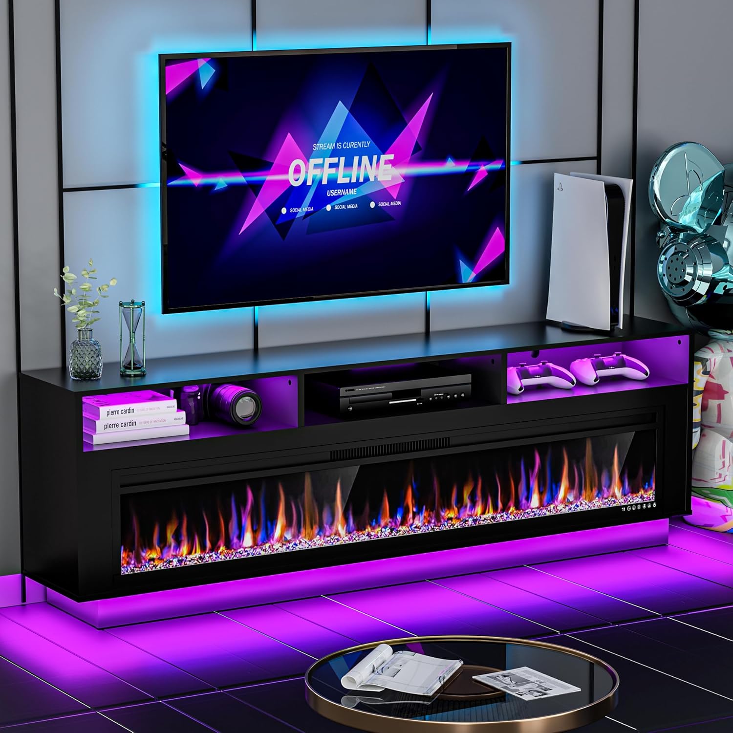 AHB 58 Fireplace TV Stand - 52 Electric Fireplace, LED Lights, Storage - Black