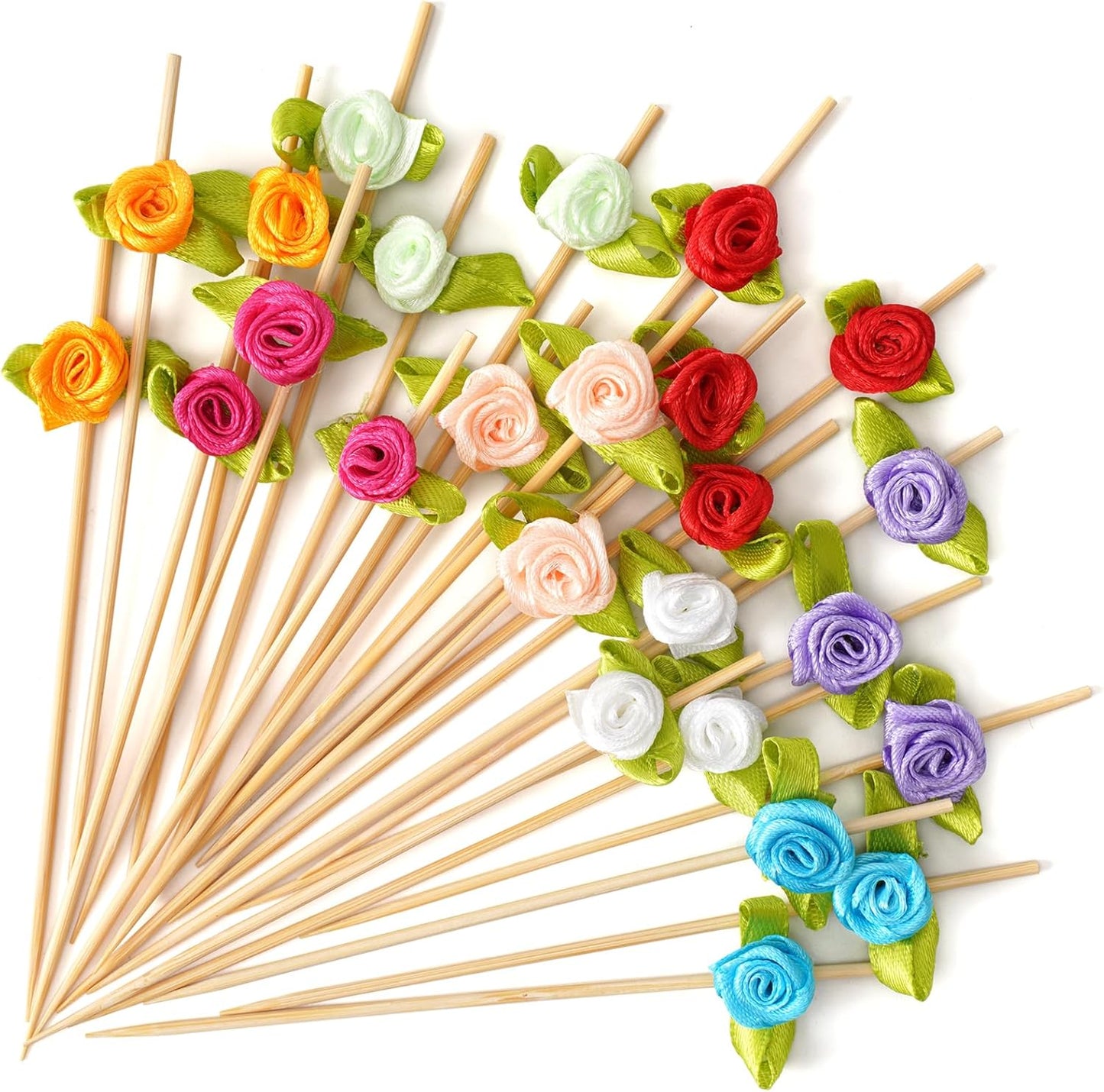 Multicolor Rose Cocktail Picks - Fancy Bamboo Toothpicks