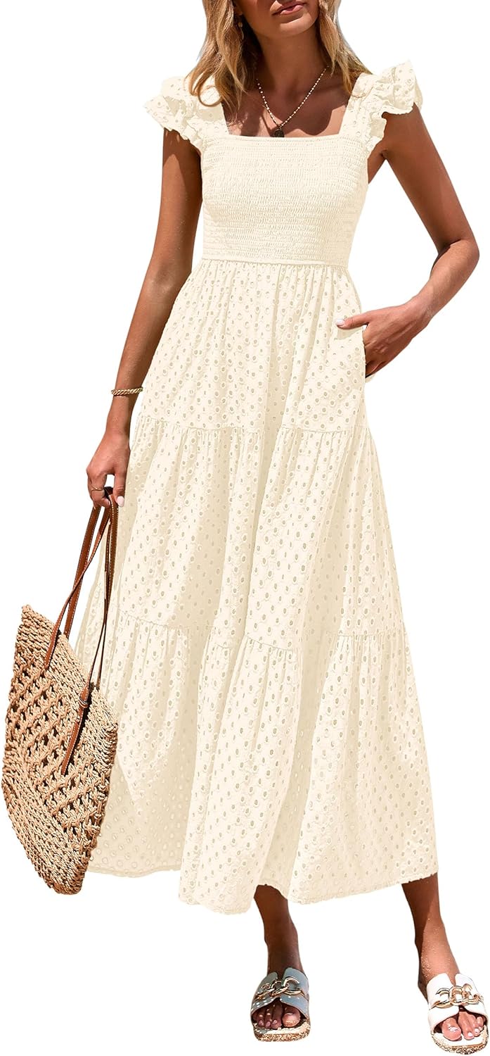 PRETTYGARDEN Womens Summer Square Neck Maxi Dress with Pockets