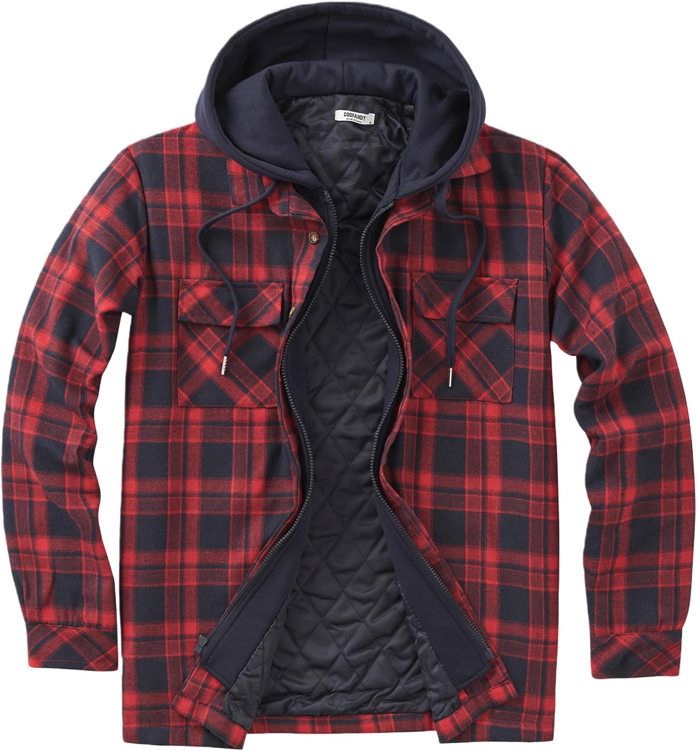 Men's Flannel Shirt Jacket Warm Quilted Lined Hooded Style