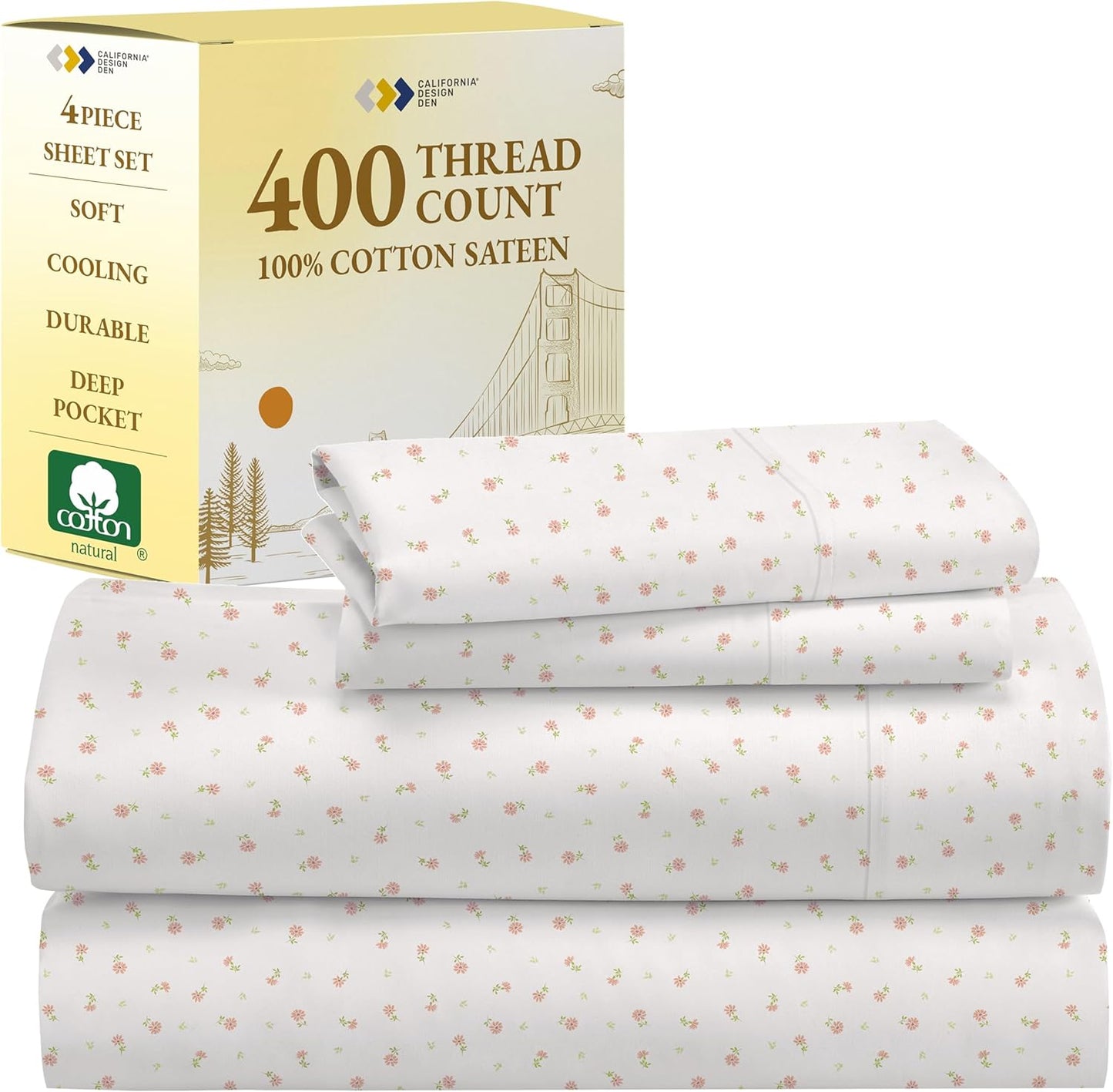 Floral Print King Size Sheets Set - Luxury 400 Thread Count