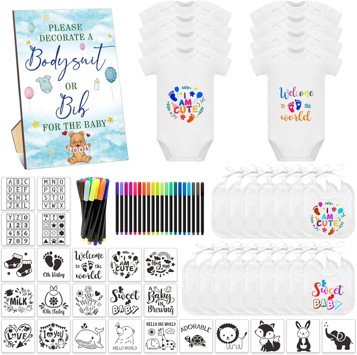 69 Pcs Baby Bib Bodysuit Set for Fun Baby Shower Activities