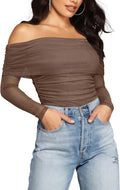 Off The Shoulder Long Sleeve Bodysuit - Sheer Mesh Ruched Slimming