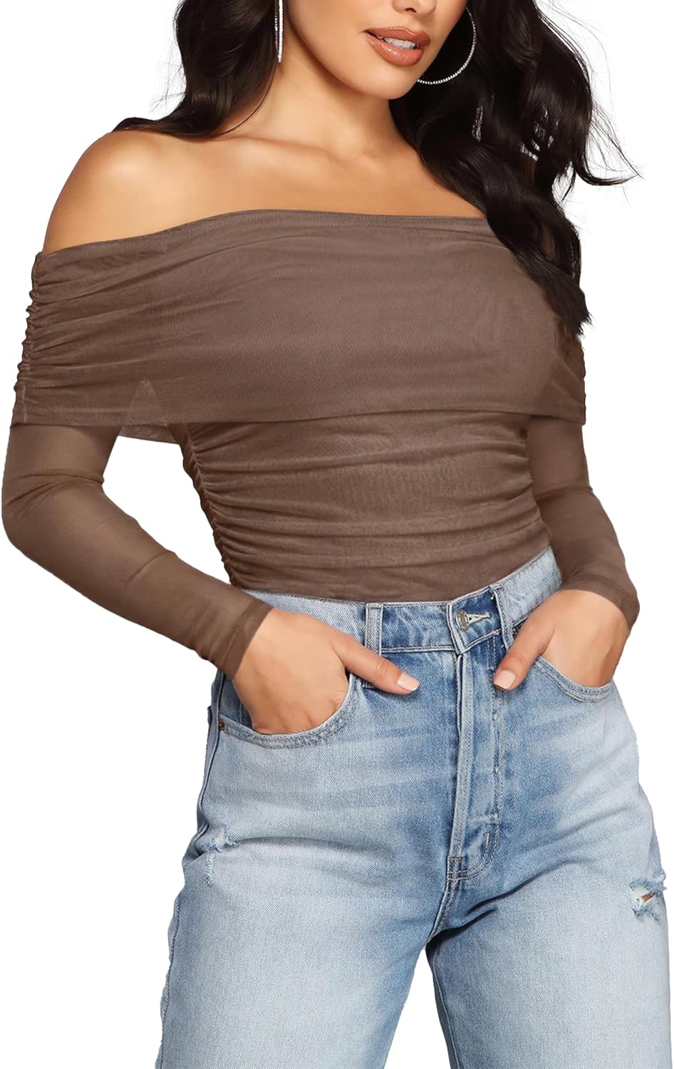 SAUNGKUAI Women's Off The Shoulder Long Sleeve Bodysuit for Fall