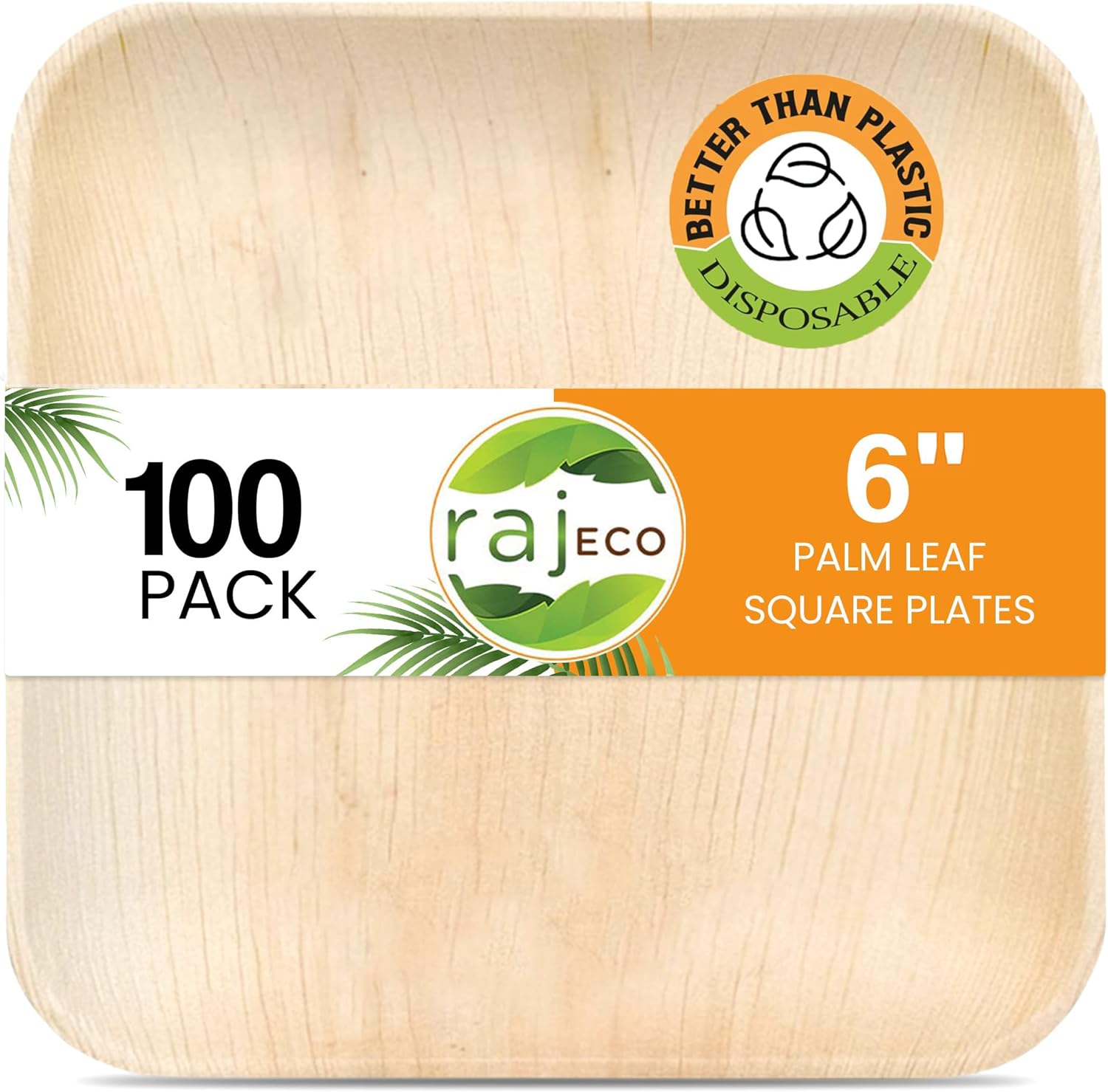 Raj Palm Leaf Plates 100-Pack 6 Inch Square Eco-Friendly Dinnerware