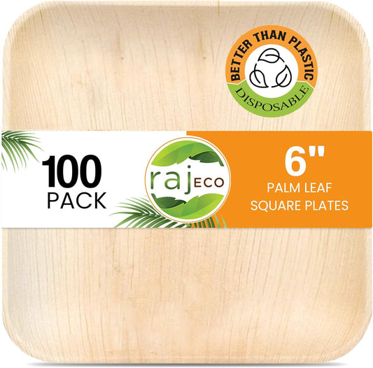 Raj Palm Leaf Plates 100-Pack 6 Inch Square Eco-Friendly Dinnerware