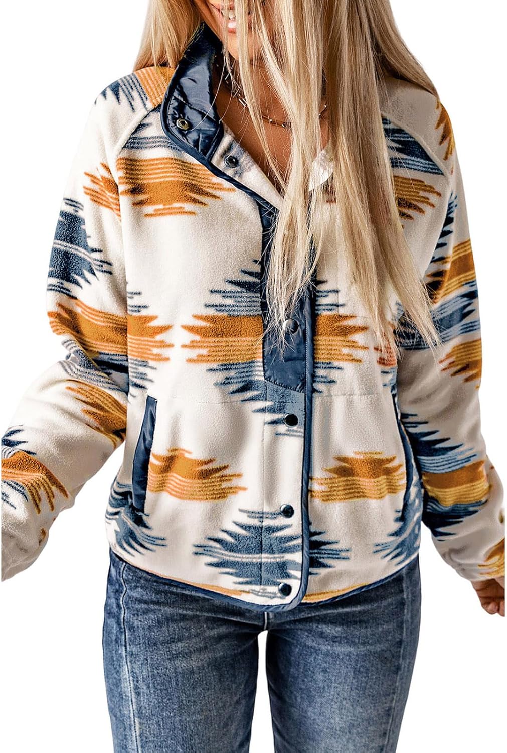 SELINK Womens Fleece Jacket with Western Aztec Print Design