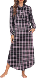 Women's Cotton Plaid Nightgown Long Sleeve Button Down - Cozy Fit