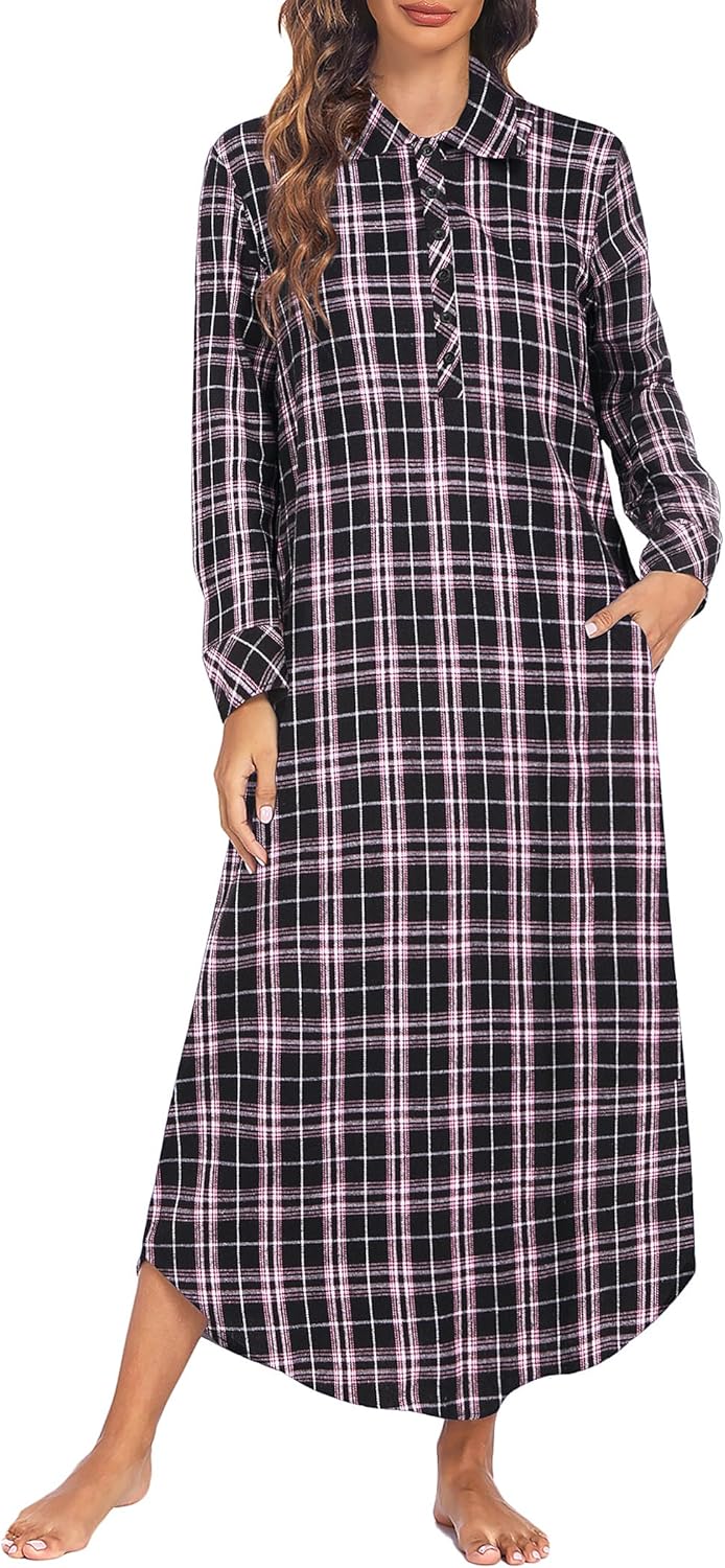 Ekouaer Women's Cotton Nightgown Long Sleeve Plaid Sleepwear