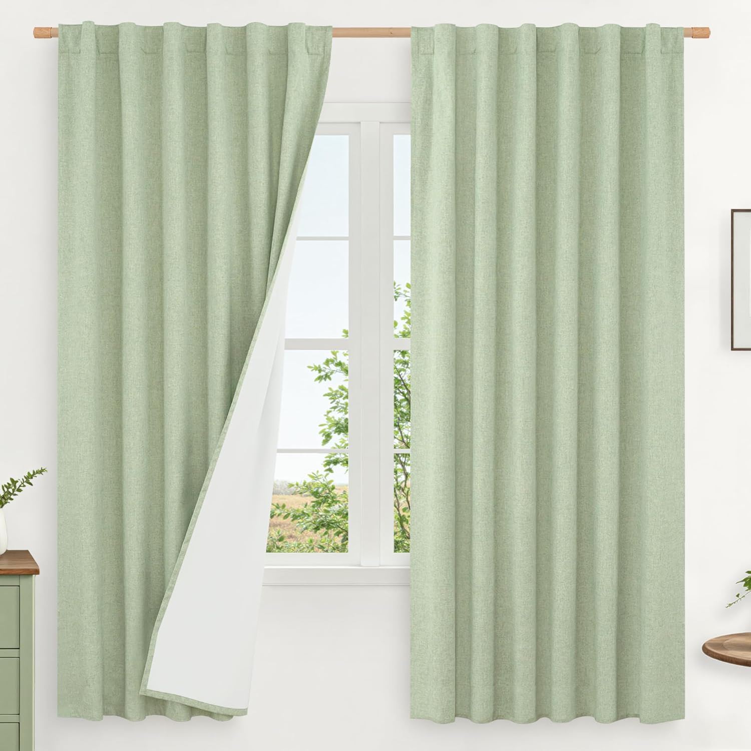 LAMIT Light Green 100% Blackout Linen Curtains for Bedrooms