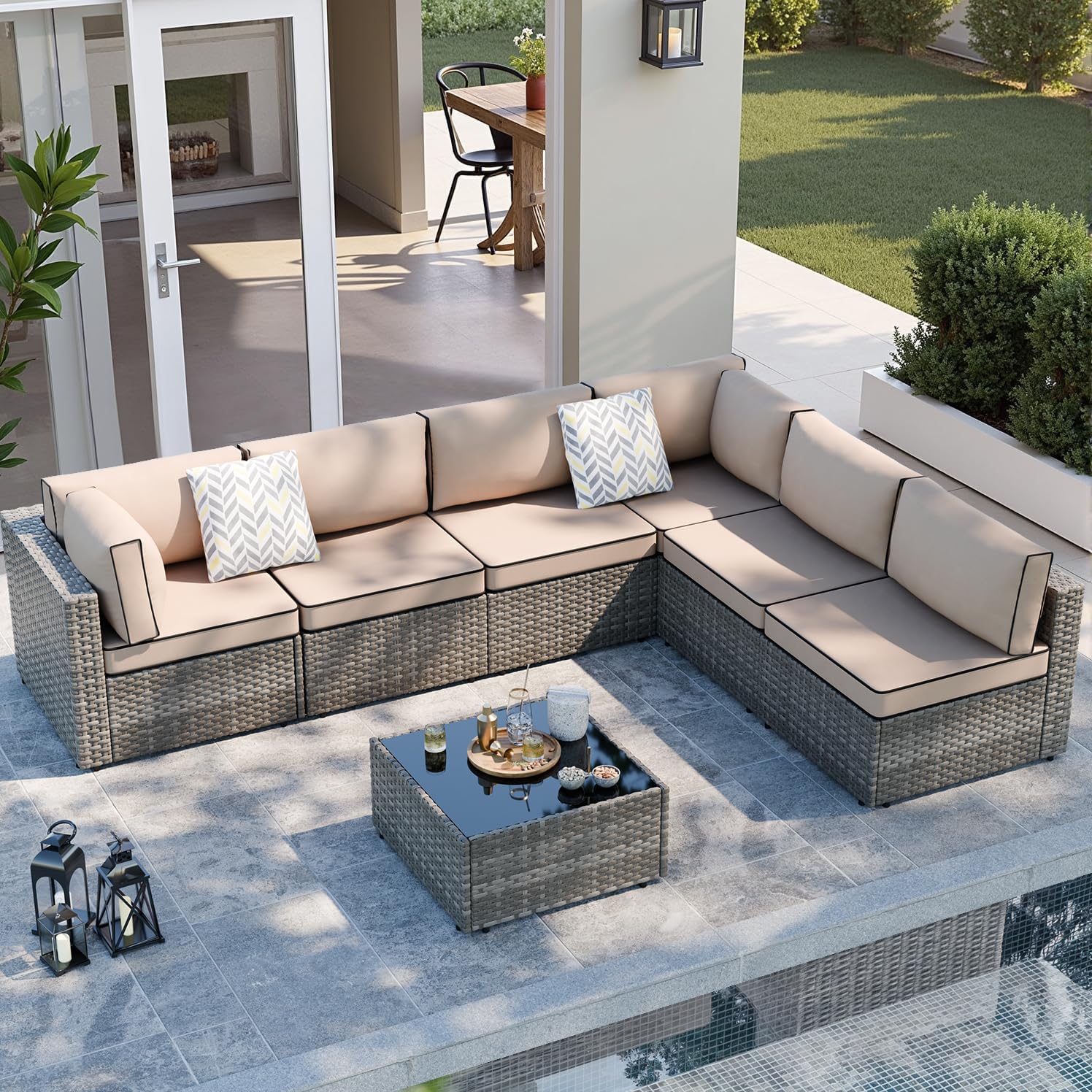 SUNLEI 7 PCS Patio Furniture Set with Gas Propane Fire Pit