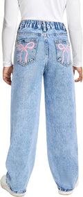 Girls Baggy Wide Leg Denim Jeans with Bow Accent - Y2K Fit