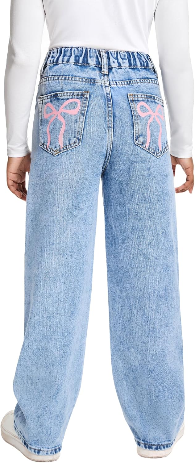 Baggy Wide Leg Jeans for Girls with Cute Bow and High Waist