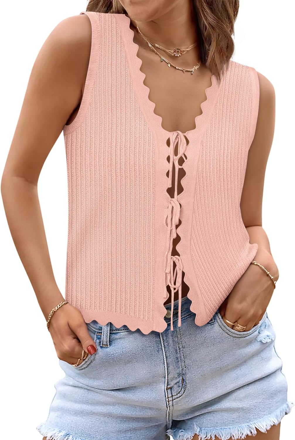 Womens Tie Front Tops Trendy 2025 Summer V Neck Sleeveless